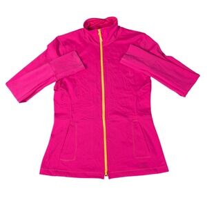 The North Face Women Full Zip Performance Jacket Pink Yellow Thumbholes Slim Fit